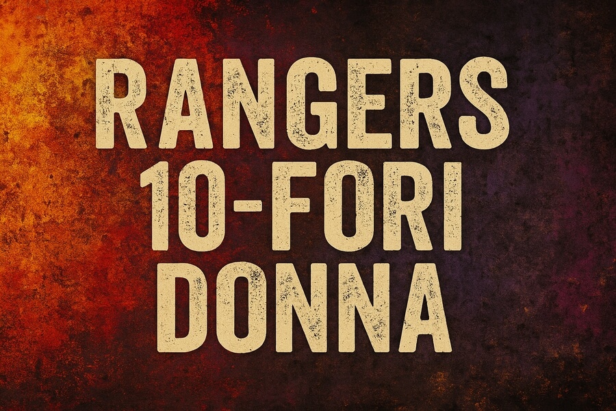 Testo grande su sfondo rover e rosso: “RANGERS 10- FORI DONNA” in caratteri bold beige.