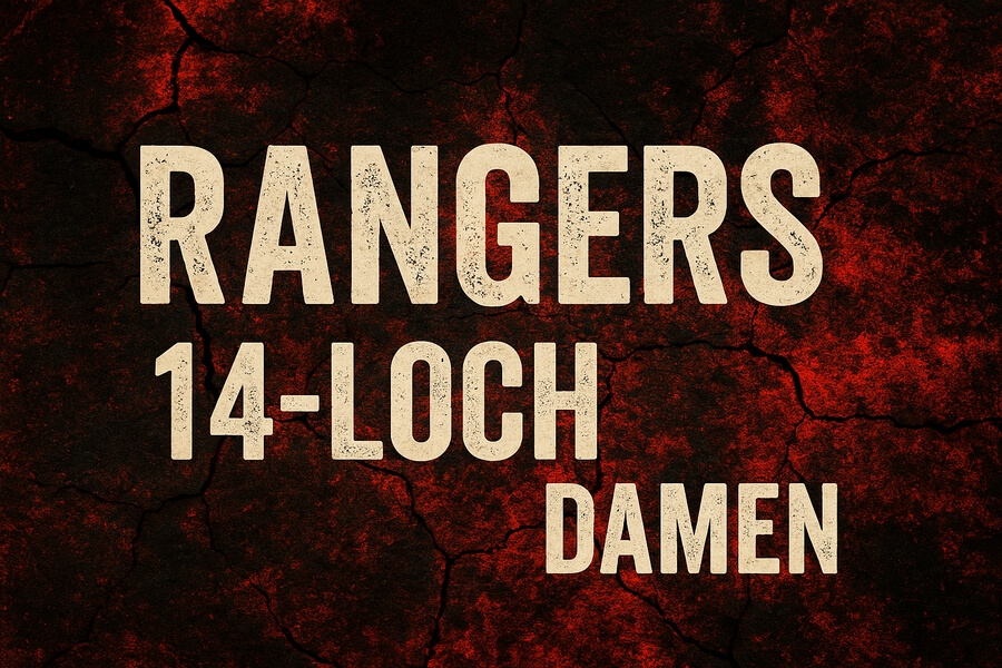 RANGERS 14-LOCH DAMEN Schriftzug auf rotem, brennendem Hintergrund mit rauer Textur.