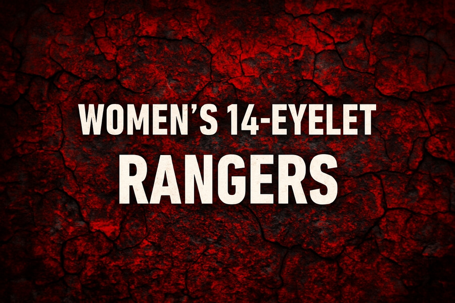 Bold white text on a dark red cracked background reads “WOMEN’S 14-EYELET RANGERS” for a combat boot-themed post.
