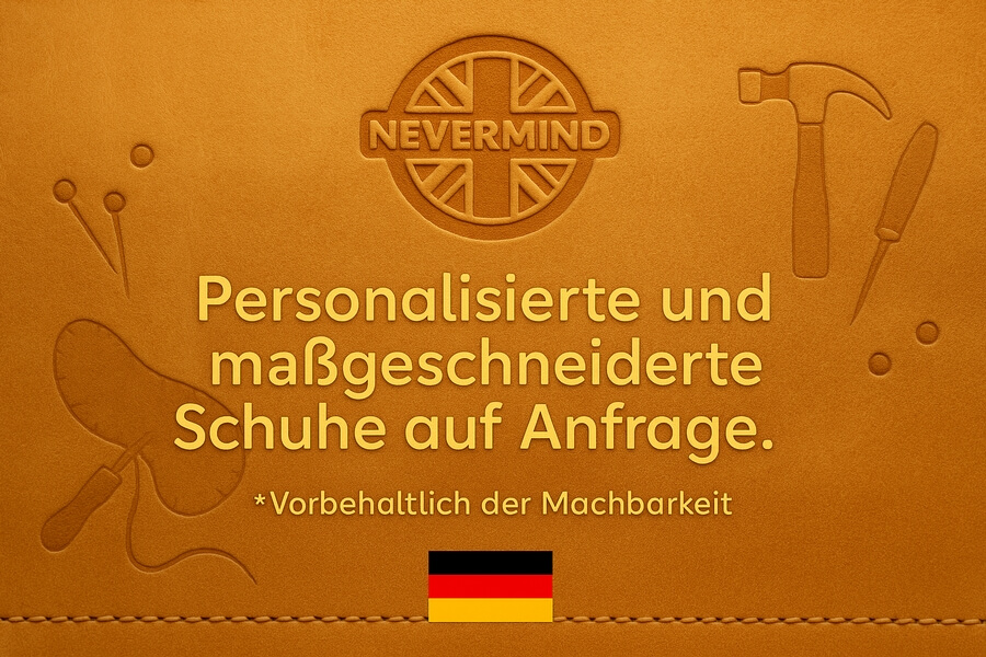 Personalisierte und maßgeschneiderte Schuhe auf Anfrage, mit deutschem Flaggenemblem und Werkzeugillustrationen rundum.