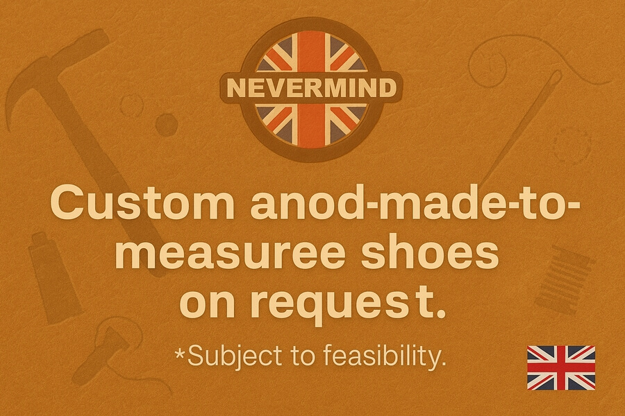 Custom made-to-measure shoes by Nevermind with UK flag logo and toolkit doodles on an orange background.