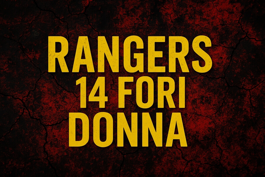 RANGERS 14 FORI DONNA: testo giallo su sfondo rosso scuro con crepe, stile poster punk rock.