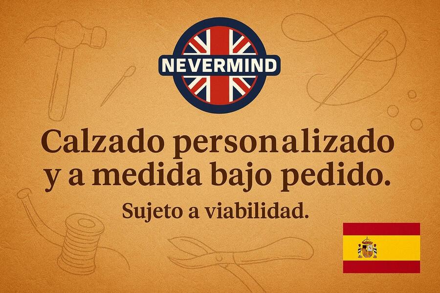 Calzado personalizado y a medida bajo pedido con logo Nevermind y bandera de España en fondo anaranjado.