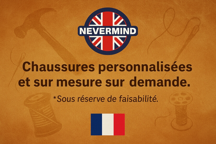 Chaussures personnalisées et sur mesure sur fond orange avec logo Nevermind et drapeau français.