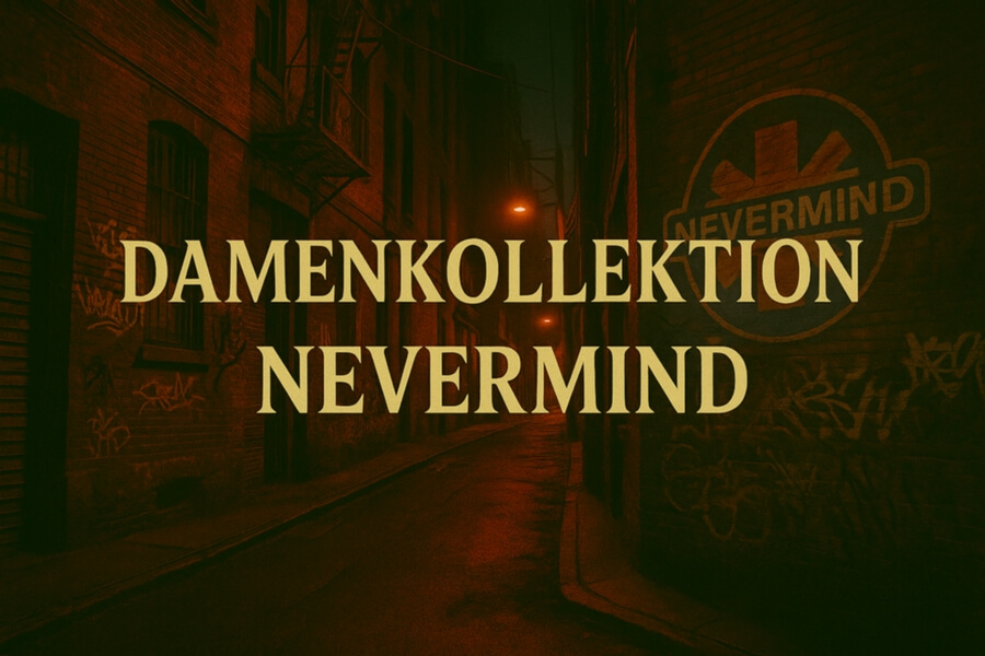 Dunkle Straßengasse mit Graffiti-Wänden; goldene Textüberlagerung: "DAMENKOLLEKTION NEVERMIND" im Vordergrund, abgeblätterte Stadtwand im Hintergrund.
