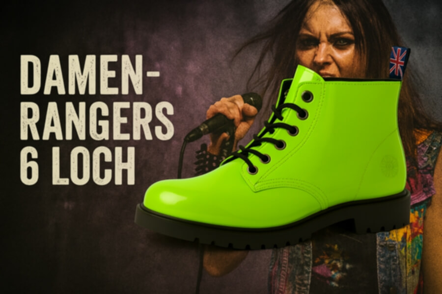 Neongrüne Damen-Rangers 6-Loch Stiefel mit schwarzer Sohle vor unscharfem Bühnenhintergrund; Text “Damen-Rangers 6 Loch” links, Sängerin im Hintergrund.