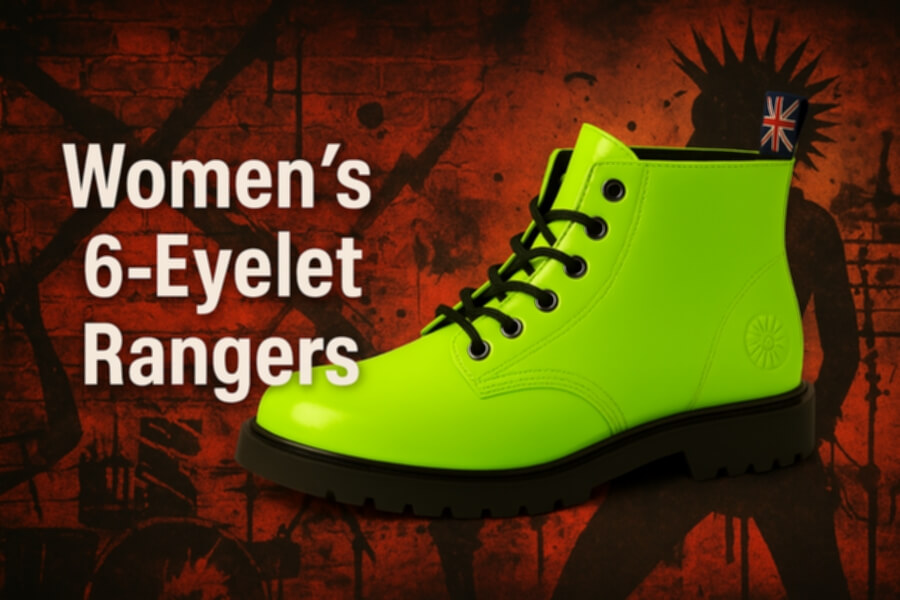 Bright neon lime-green women's combat boot with black laces on a red, grungy background; text reads “Women’s 6-Eyelet Rangers.”
