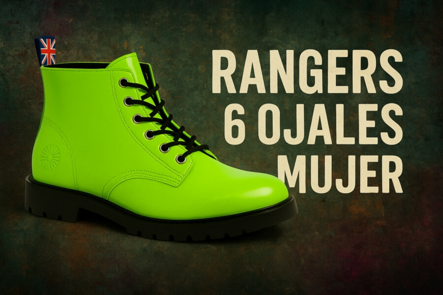 Bota verde neón de cuero con cordones negros y suela gruesa, image con texto “Rangers 6 ojales mujer” al fondo.