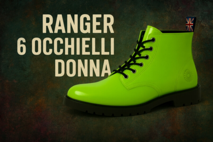 Stivaletto verde neon lucido con suola nera spessa, lacci neri, sfondo astratto e testo “RANGER 6 OCCHIELLI DONNA” a sinistra.