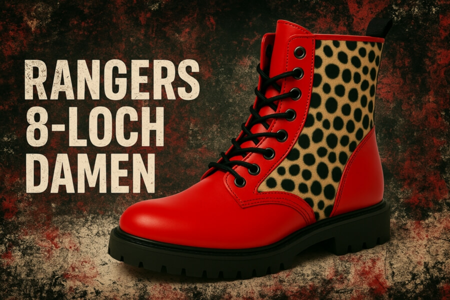 Rote Damen-Ranger-Boots 8-Loch mit Leopardenmuster an der Seite, schwarzer Sohlenabsatz, texturierter Hintergrund.