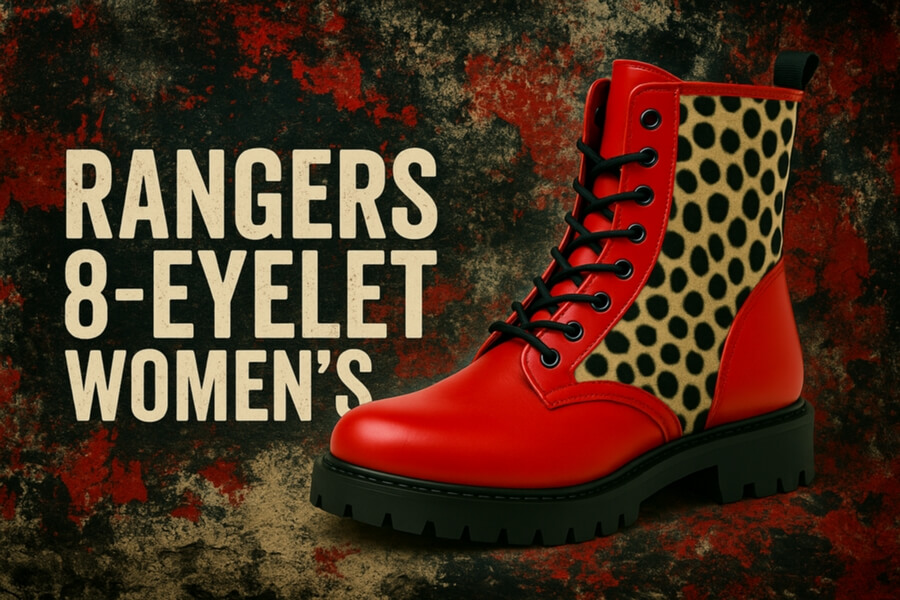 Red knee-high combat boot with bright red leather and leopard-print side panel, black laces, chunky sole, against a textured red-black background.
