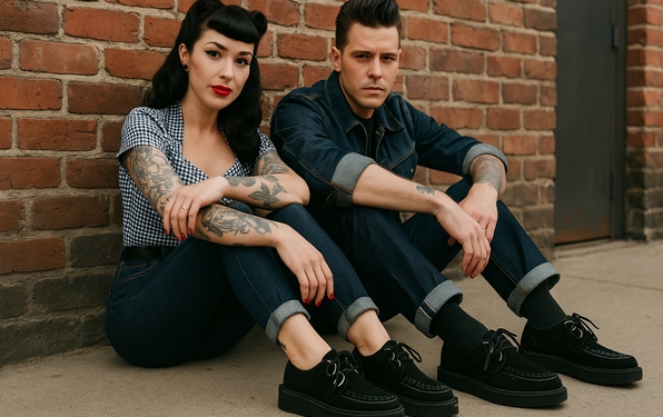 Nevermind Creepers worn by a Rockabilly couple in 1950s retro style