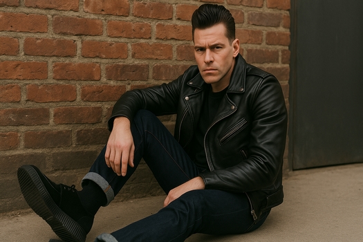 Rockabilly man in 1950s style with leather jacket and Nevermind Creepers