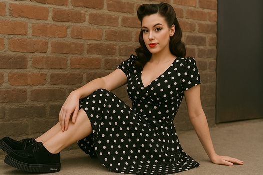 Pin-up woman in Rockabilly style wearing polka-dot dress and Nevermind Creepers