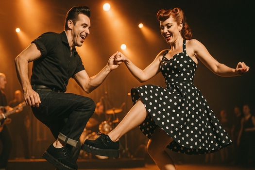 Rockabilly dancers at a live concert wearing Nevermind Creepers with platform soles