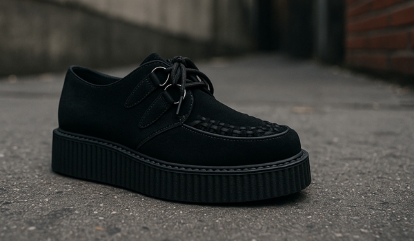 Black Creepers with thick crepe sole, iconic alternative fashion shoe