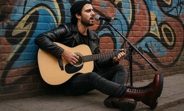 Artiste de rue portant des bottes rangers Nevermind en cuir