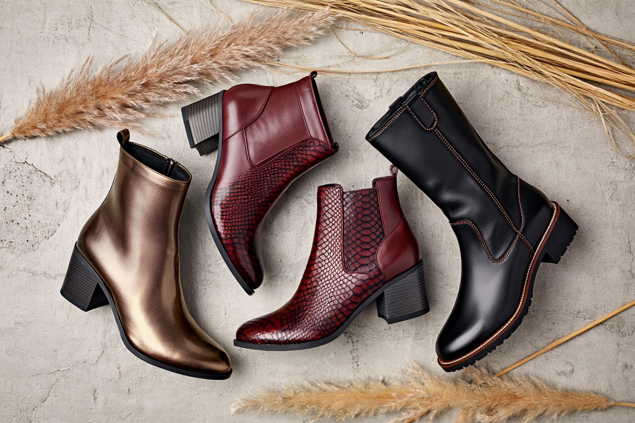Trending ankle boot styles with metallic and textured finishes