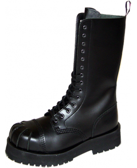 Stivale alto nero in pelle con allacciatura e suola robusta, stile combat boot, dettaglio cuciture e gancio superiore.
