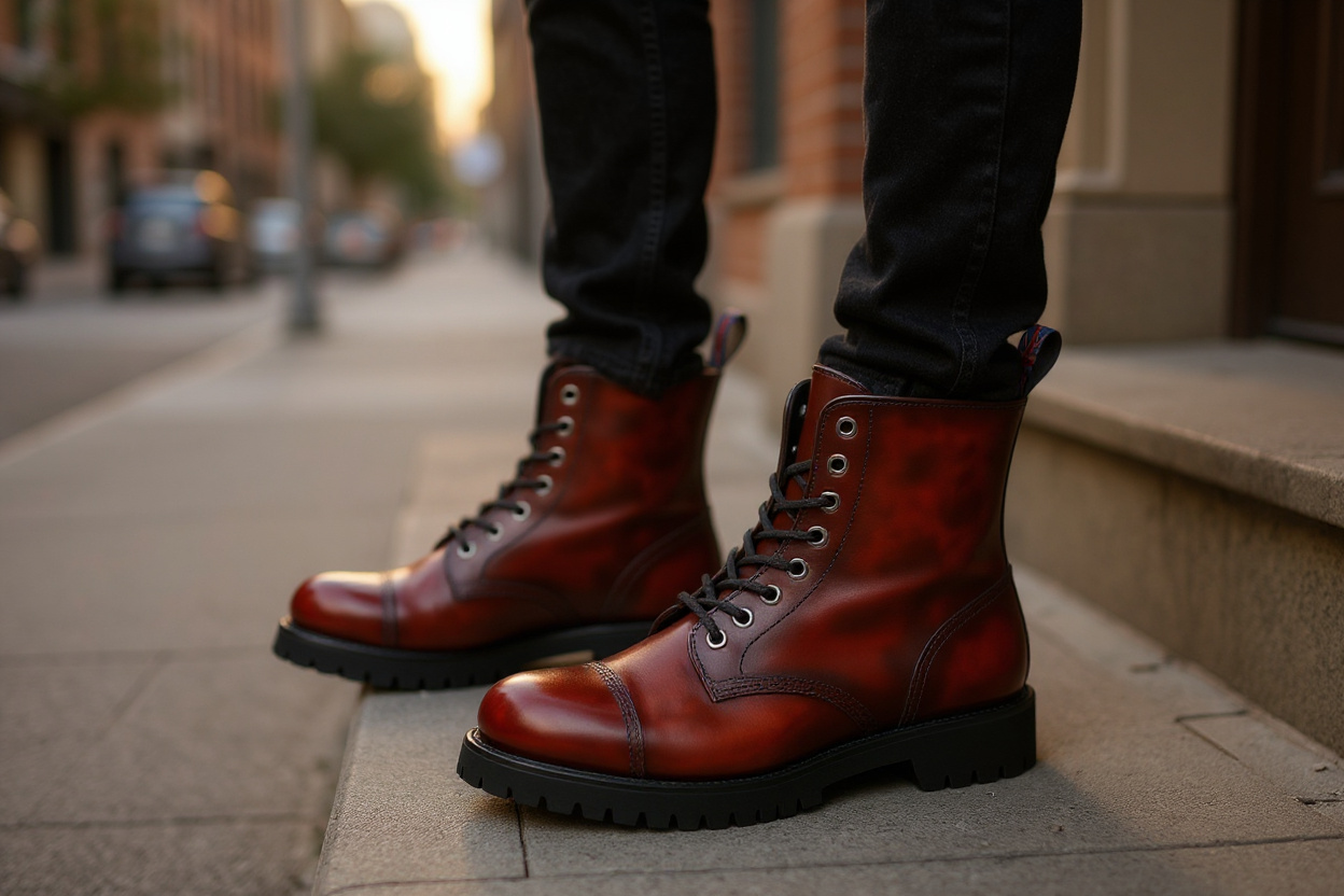 Un par de botas rangers de 8 ojales en color oxblood sobre un escalón urbano mientras alguien ajusta los cordones.