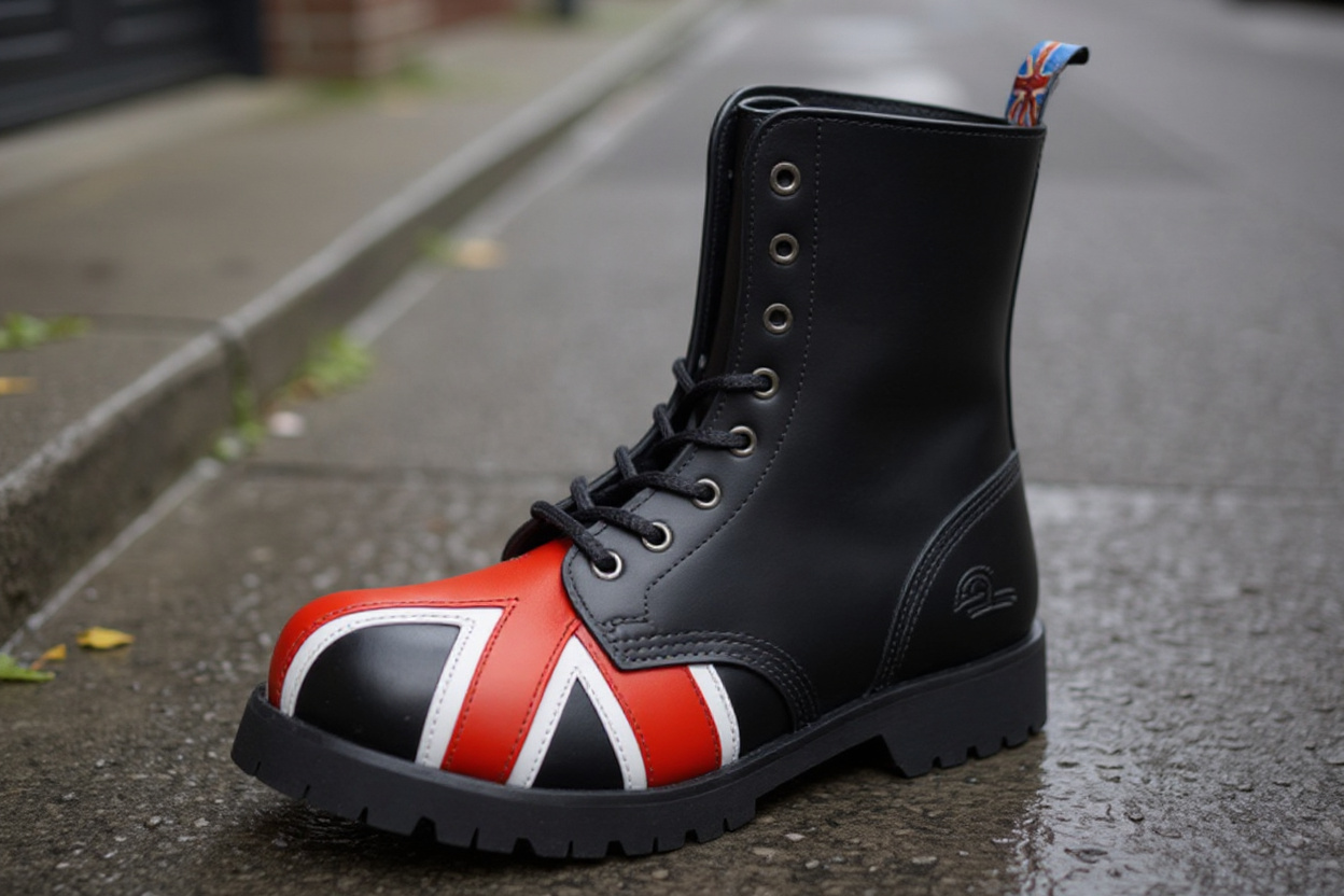 Un par de botas rangers de 8 ojales ajustadas y agarrando el pavimento mojado para mostrar su ajuste y rendimiento.