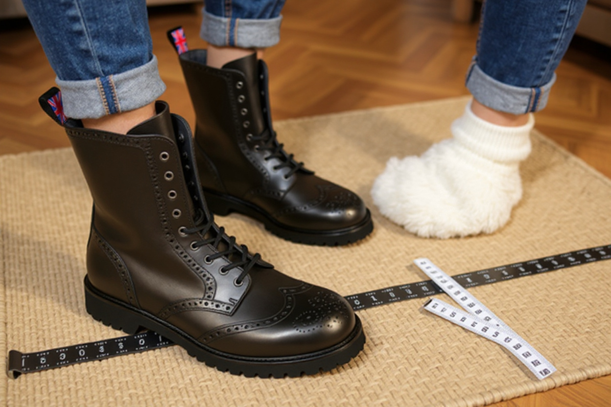 Black leather 10-eyelet combat boot on an entryway mat with a measuring tape and socks for sizing.