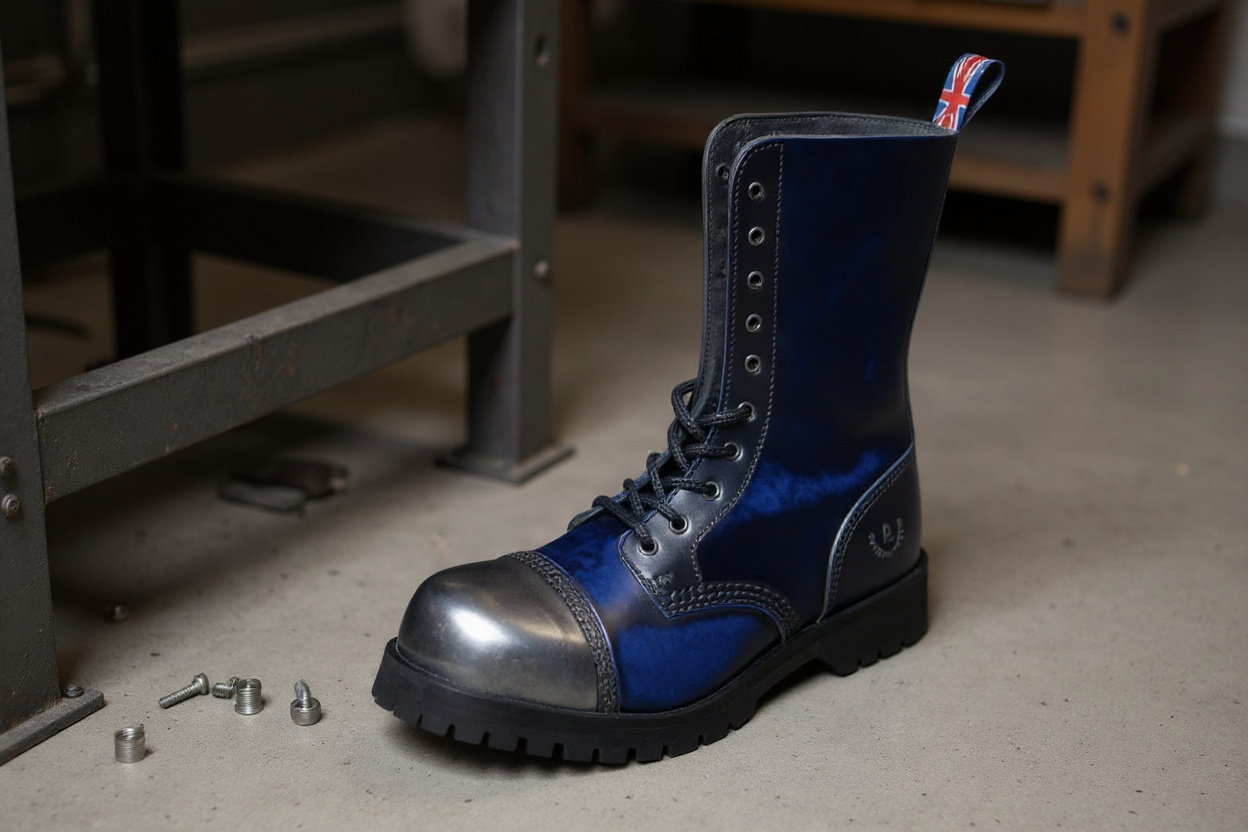 Single 10-eyelet steel-toe combat boot on a workshop floor, highlighting its reinforced toe.